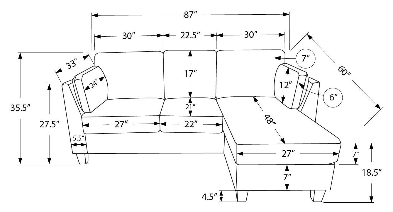 Sofa chaise longue avec deux coussins de 87" Monarch -FJORD-15- tissu gris (8714D15)
