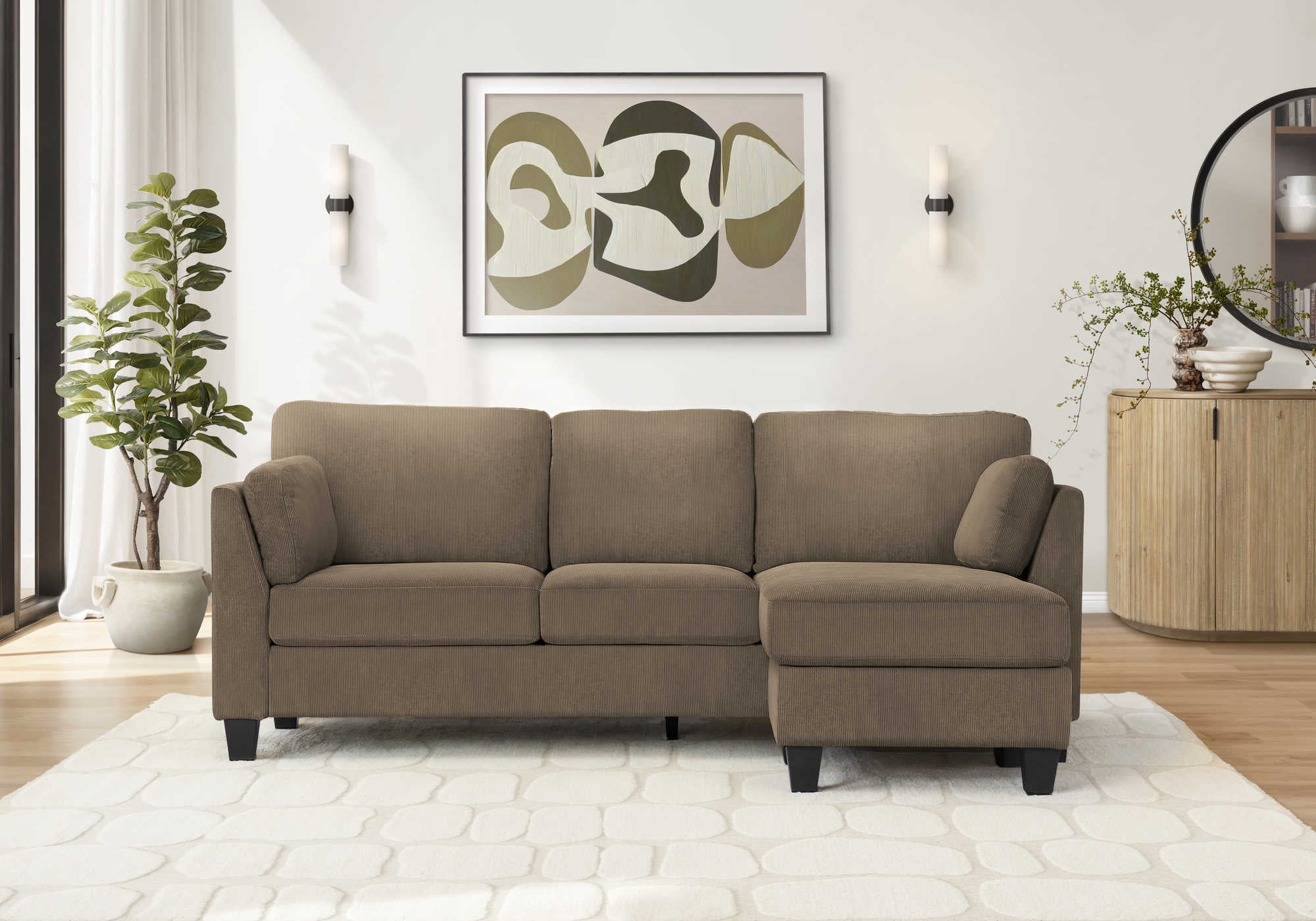 Sofa chaise longue avec deux coussins de 87" Monarch -FJORD-41- tissu brun pale (8714D41)