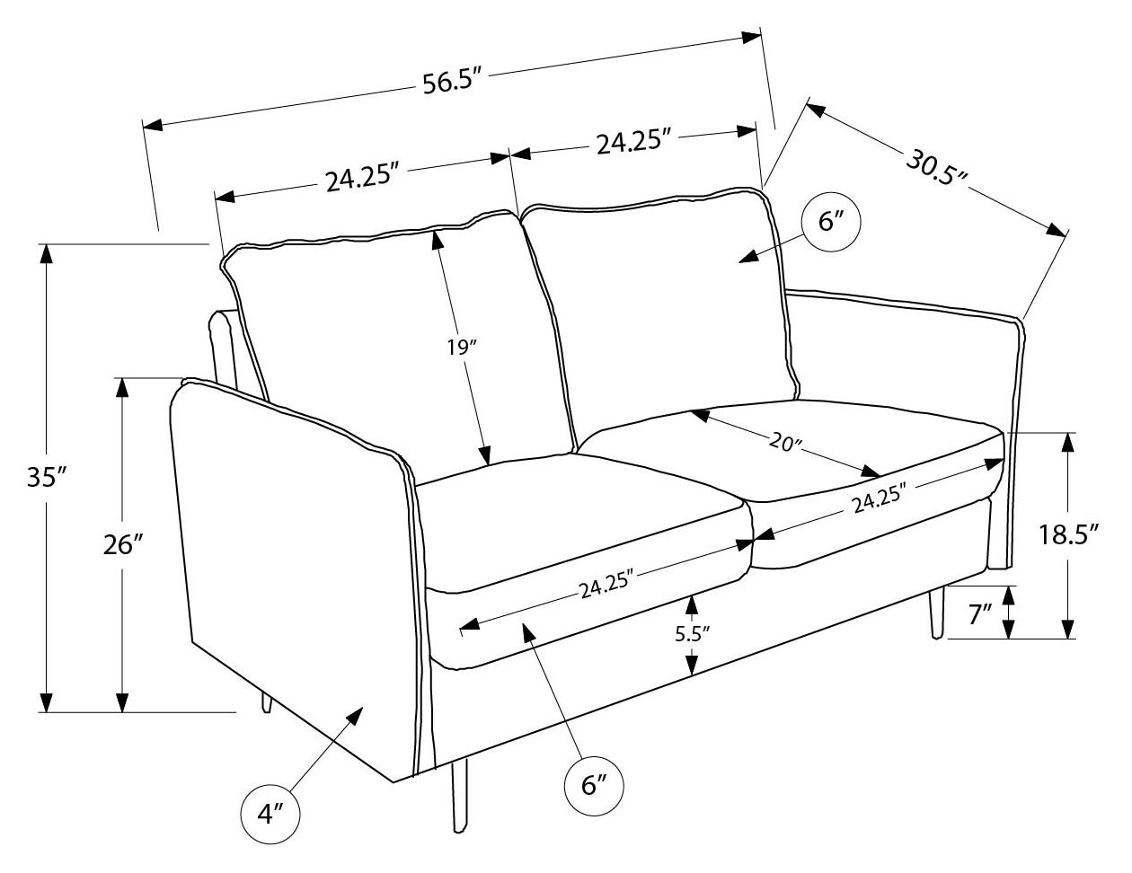 57" Loveseat with Two Cushions by Monarch - COACH-18 - Grey Fabric (8K12C18)