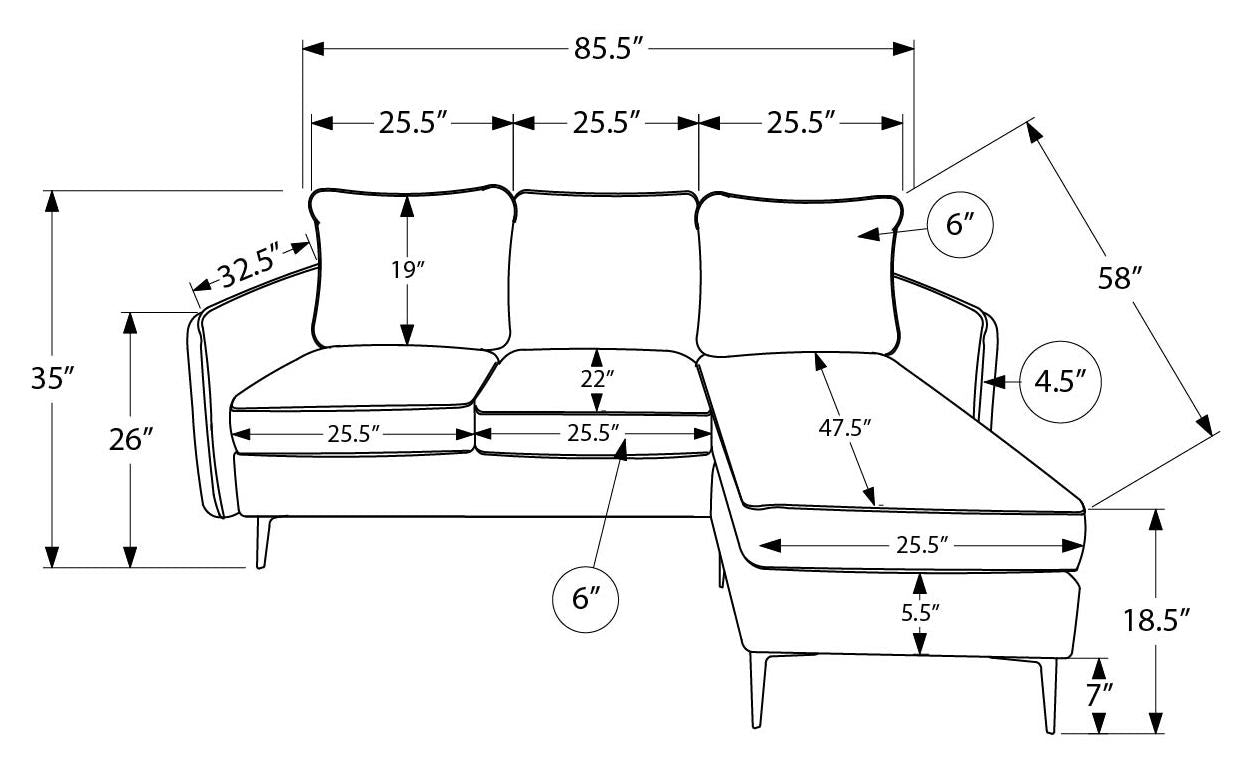 Sofa chaise longue de 85" Monarch - COACH-18 - tissu gris (8K14C18)