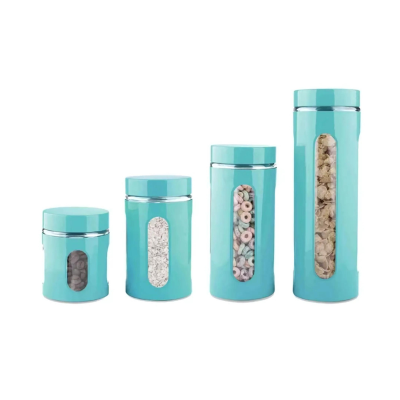 Ensemble de 4 Bocaux Cylindriques en Verre avec Fenêtre Transparente de Home Basics (Turquoise) -BLACKFRIDAY-