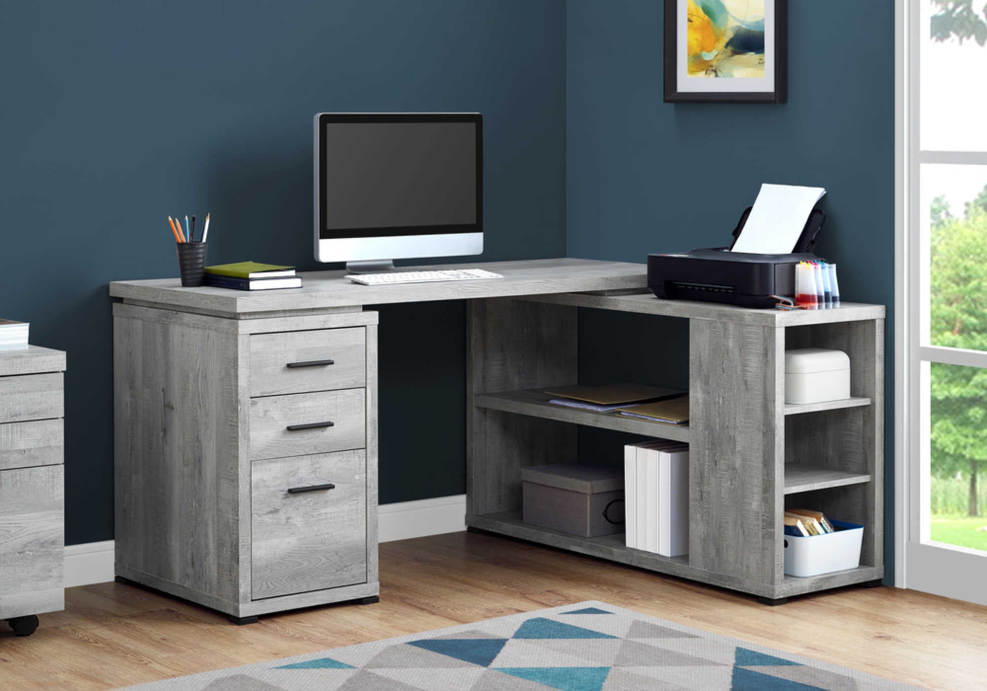 Bureau d'ordinateur moderne en coin, faux bois gris - Monarch (I7421)