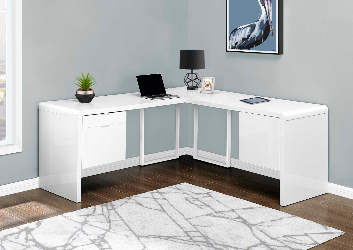 Bureau d'ordinateur moderne en coin de couleur blanc lustré (I 7582)