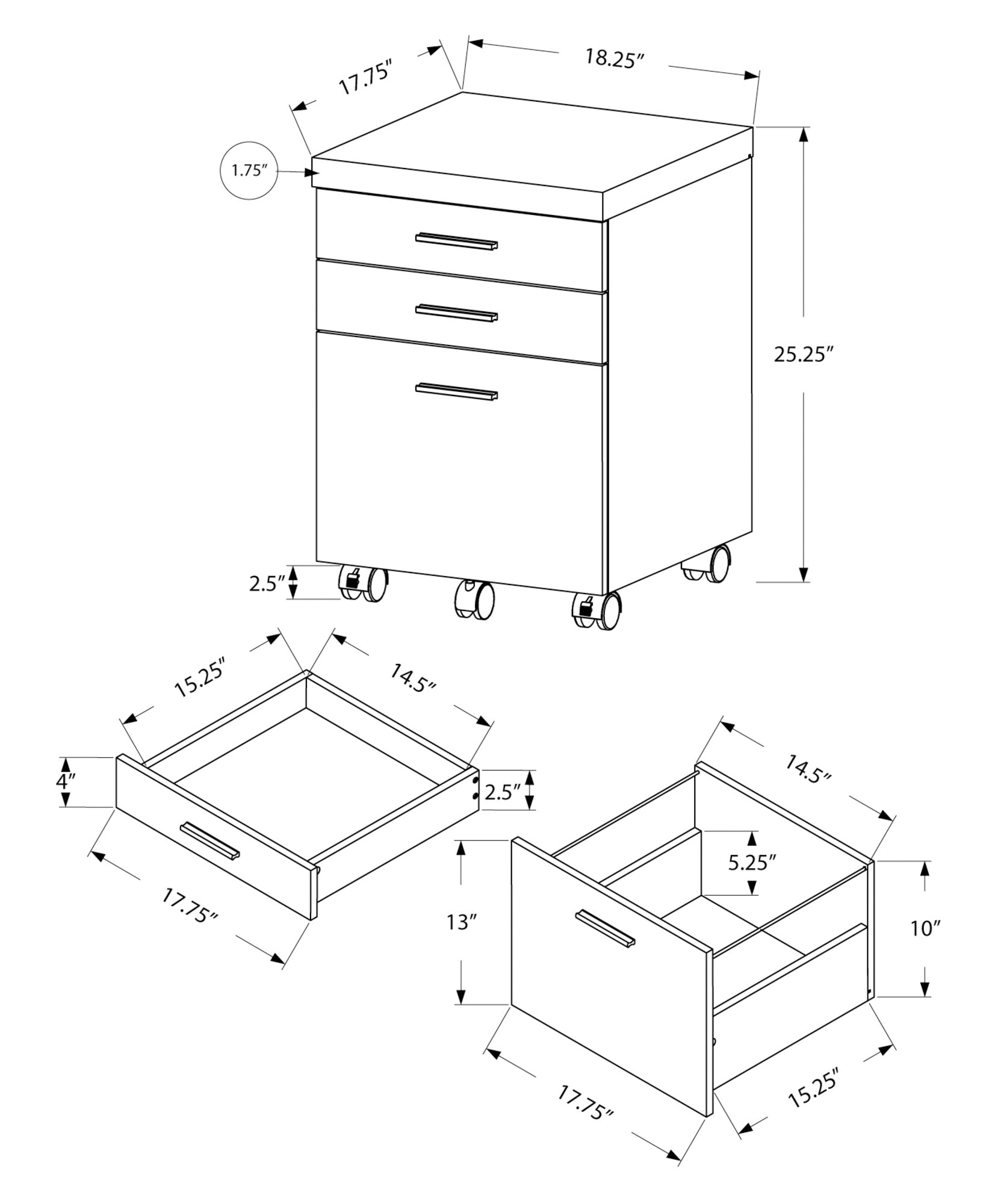 Classeur à 3 tiroirs taupe foncé sur roulettes - Monarch (I7782)